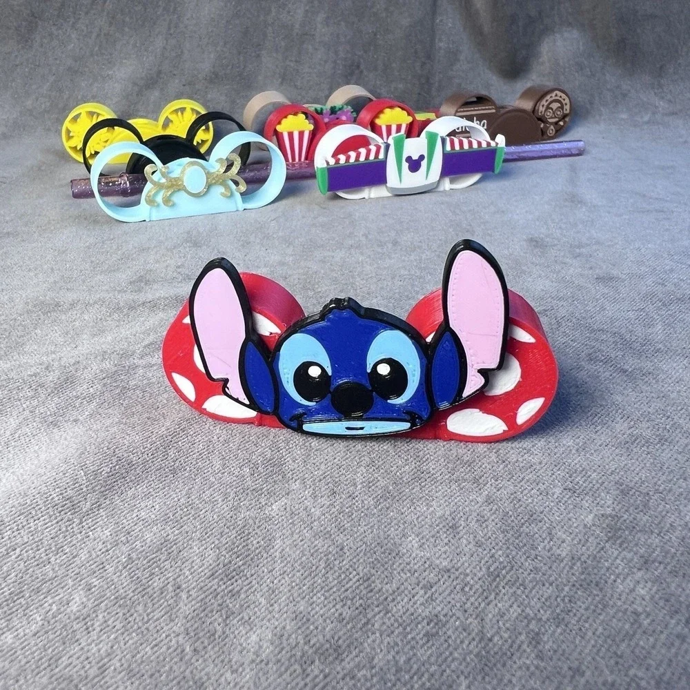 Disney Ear Holder Straw Topper Set 10pc Stitch Buzz Cinderella Multicolor Kawaii